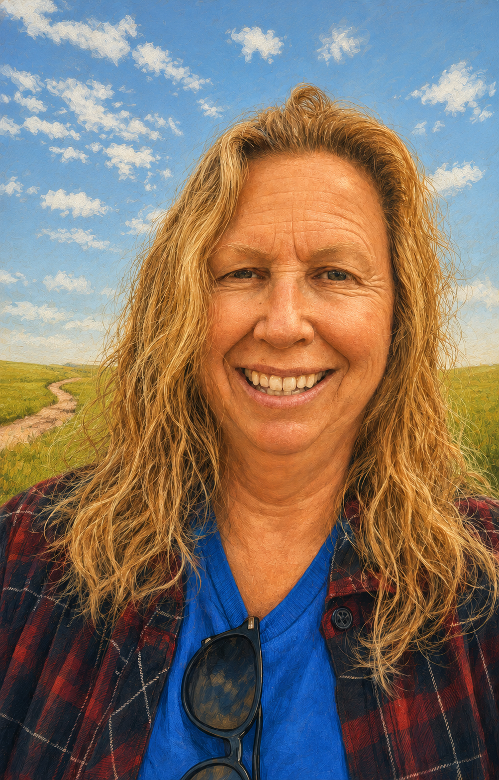 Painted caricature of Bonnie smiling against a blue Saskatchewan sky and green prairie field